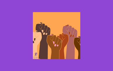 Purple background with inner image in orange showing 6 raised fists.